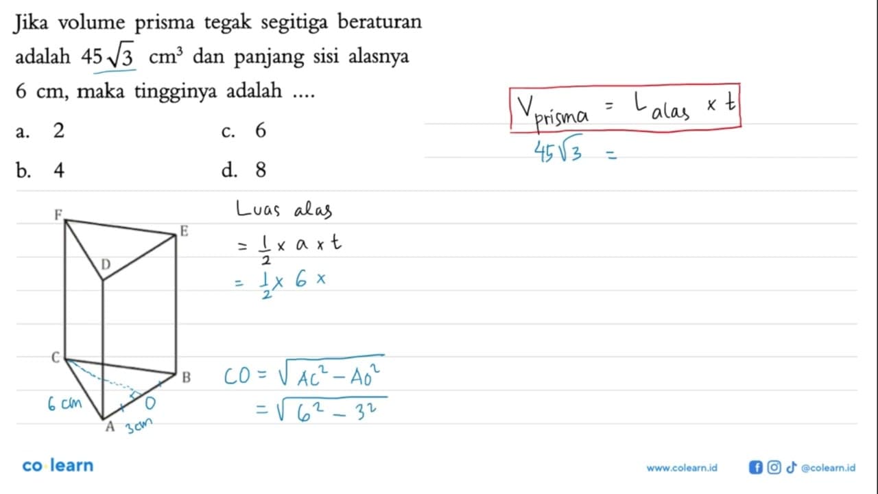 Jika volume prisma tegak segitiga beraturan adalah 45