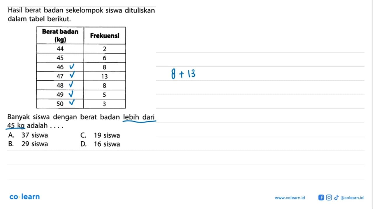 Hasil berat badan sekelompok siswa dituliskan dalam tabel