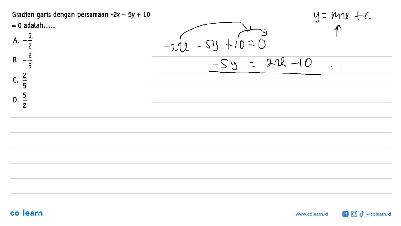 Gradien garis dengan persamaan -2x - 5y +10 = 0 adalah....