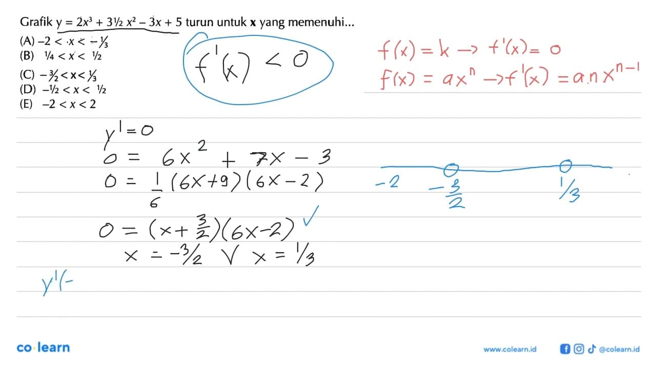 Grafik y=2x^3+3 1/2 x^2-3x+5 turun untuk x yang memenuhi...