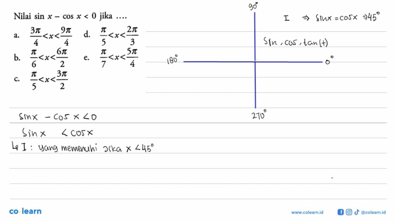 Nilai sin x - cos x < 0 jika ...a. 3pi/4<x<9 pi/4 b.