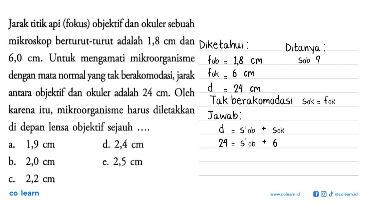 Jarak titik api (fokus) objektif dan okuler sebuah