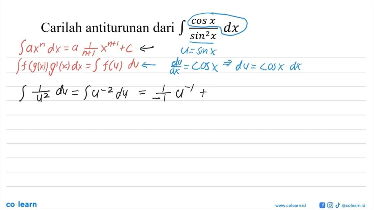 Carilah antiturunan dari integral (cos x)/(sin^2 x) dx