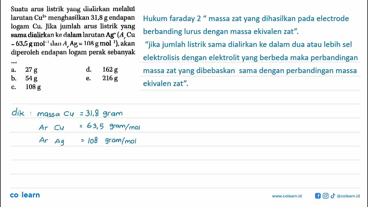 Suatu arus listrik yang dialirkan melalul larutan Cu^(2+)