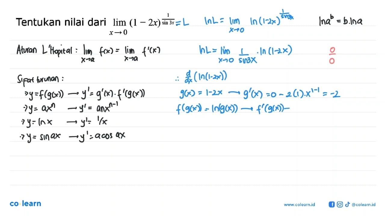 Tentukan nilai dari limit x mendekati 0 (1-2x)^(1/sin 3x).