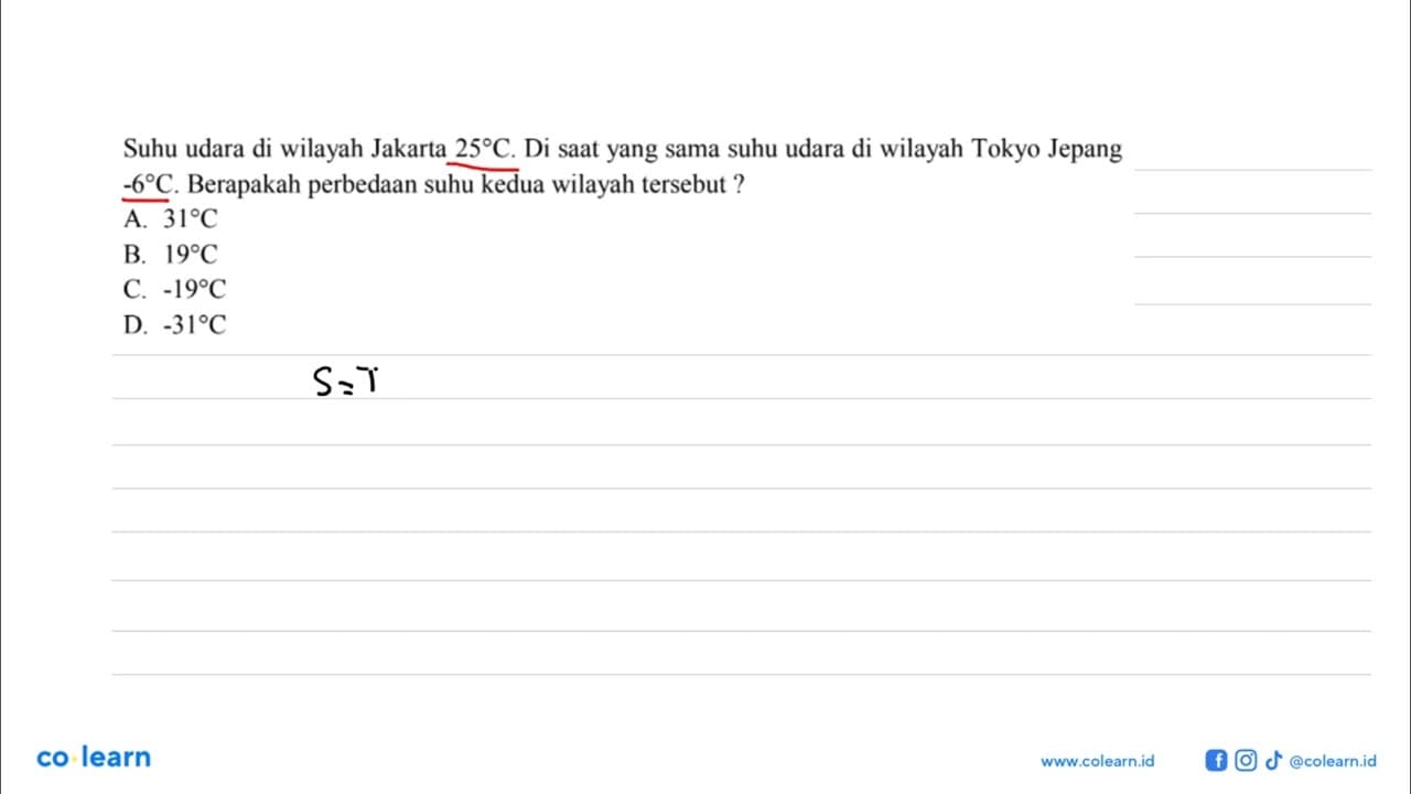 Suhu udara di wilayah Jakarta 25 C. Di saat yang sama suhu