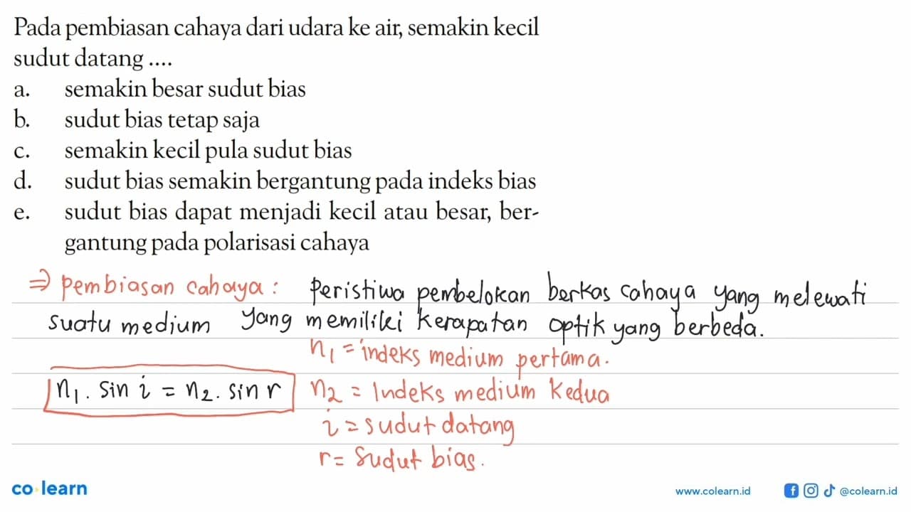 Pada pembiasan cahaya dari udara ke air, semakin kecil