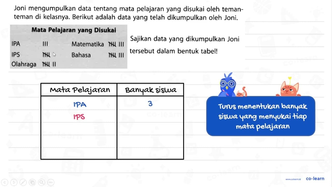 Joni mengumpulkan data tentang mata pelajaran yang disukai