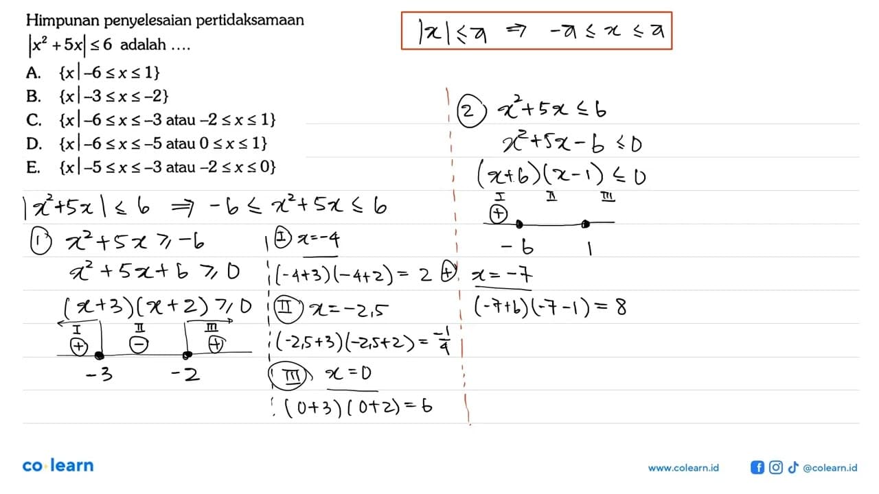 Himpunan penyelesaian pertidaksamaan |x^2+5x|<=6 adalah