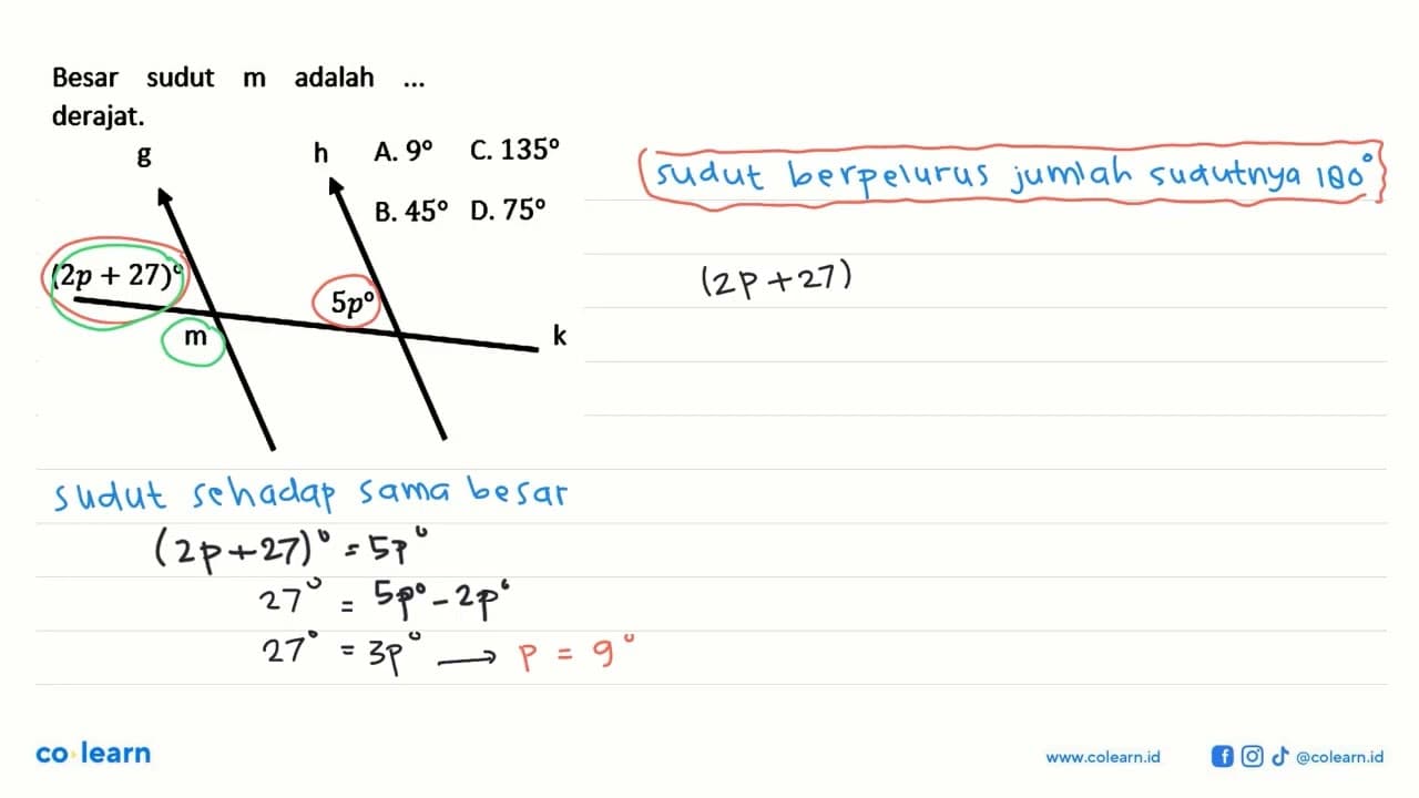 Besar sudut m adalah ... derajat.g h 5p m (2p + 27)