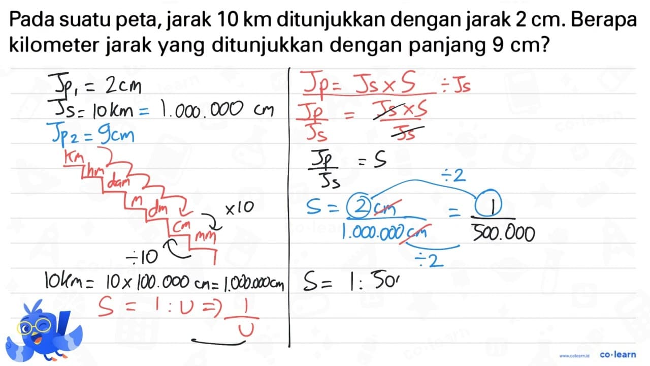 Pada suatu peta, jarak 10 km ditunjukkan dengan jarak 2 cm.