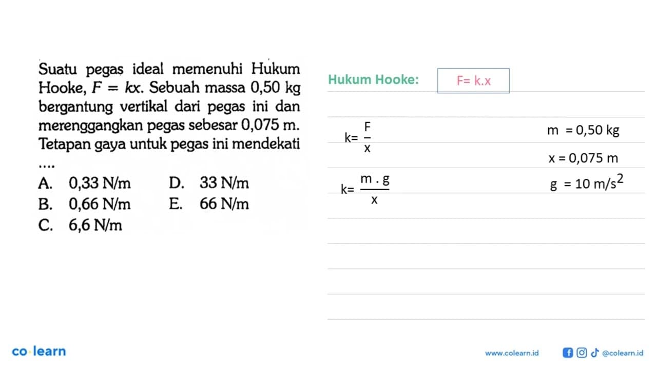 Suatu pegas ideal memenuhi Hukum Hooke, F = kx. Sebuah