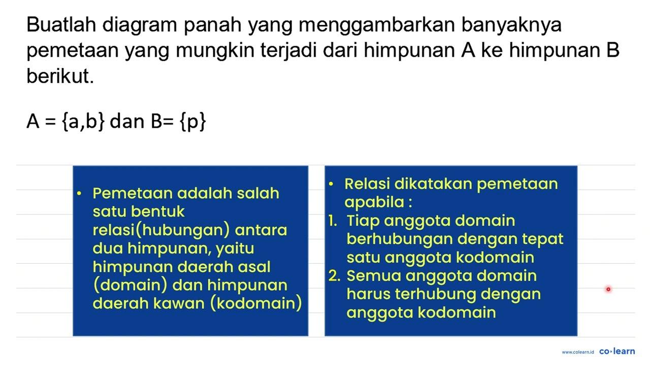 Buatlah diagram panah yang menggambarkan banyaknya pemetaan