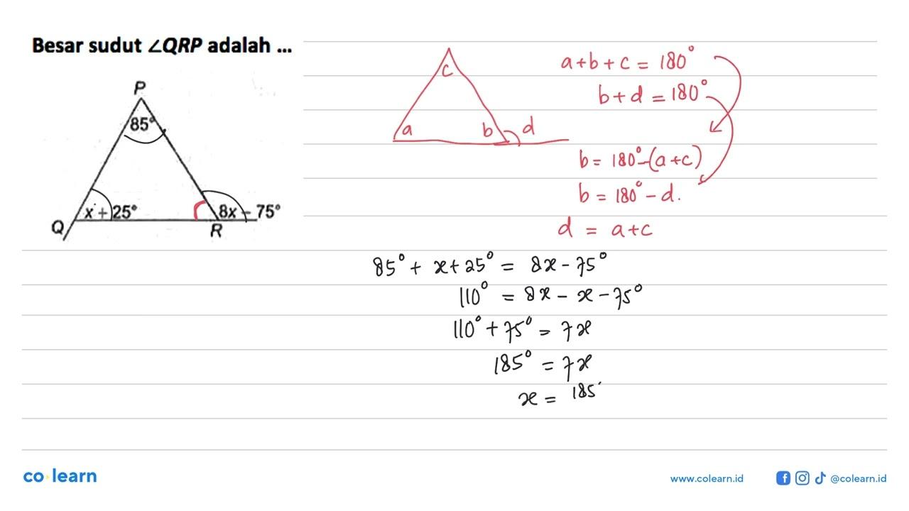 Besar sudut sudut QRP adalah ... 85 x+25 8x-75