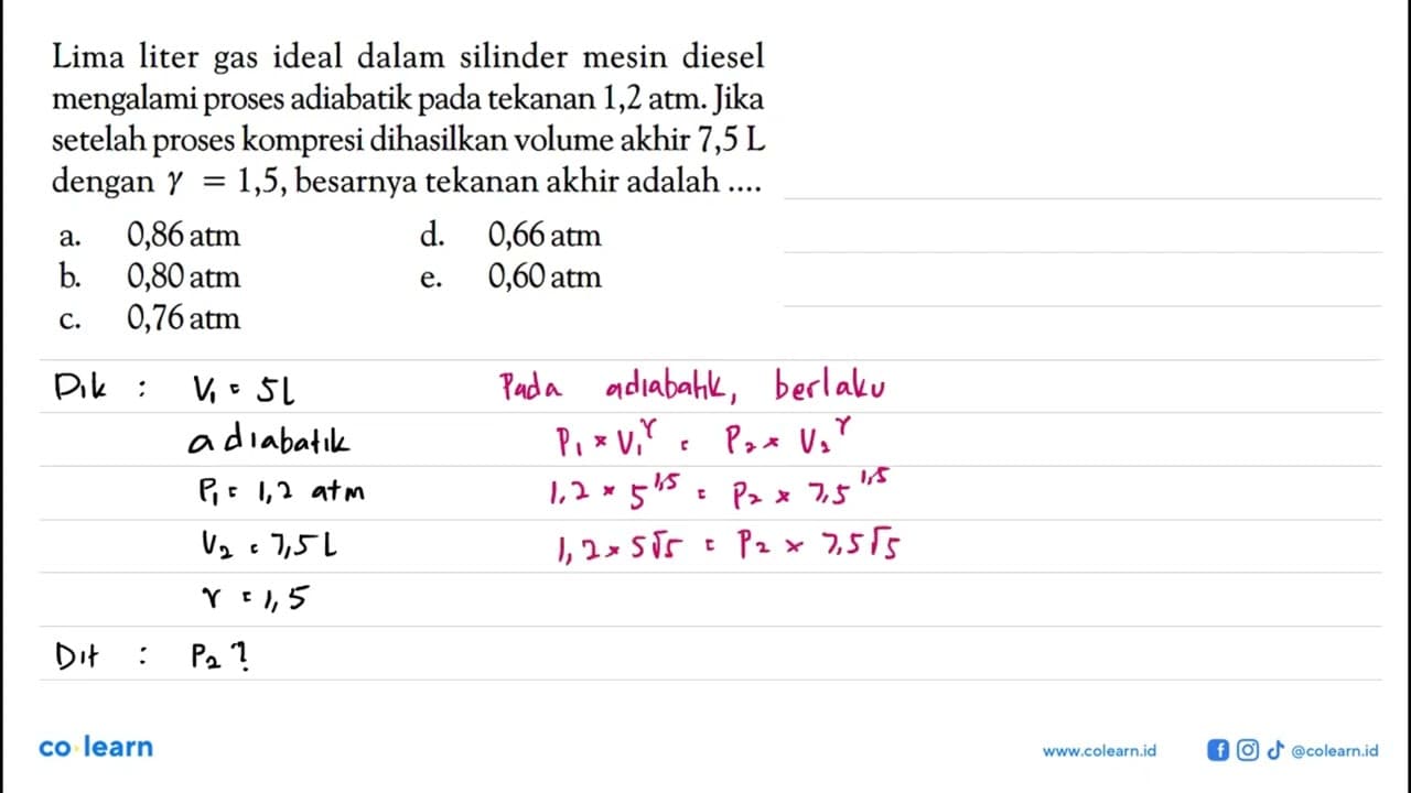 Lima liter gas ideal dalam silinder mesin diesel mengalami