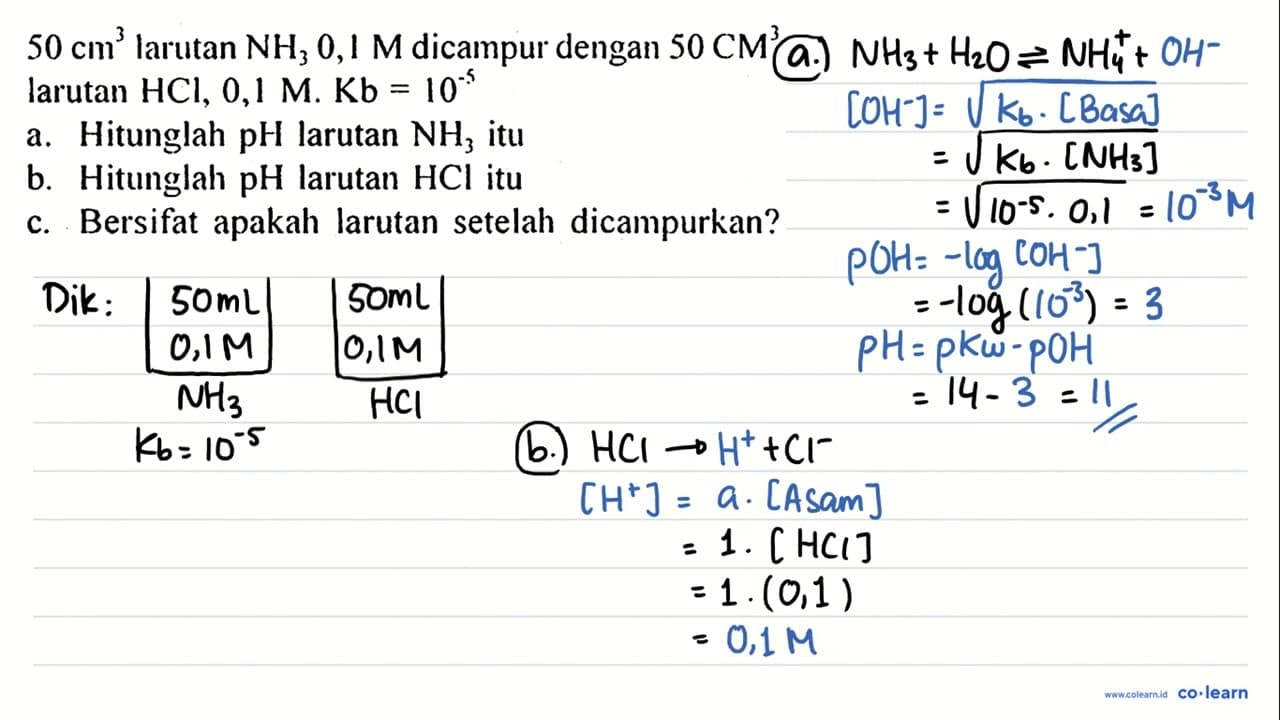 50 cm^(3) larutan NH_(3) 0,1 M dicampur dengan 50 CM^(3)