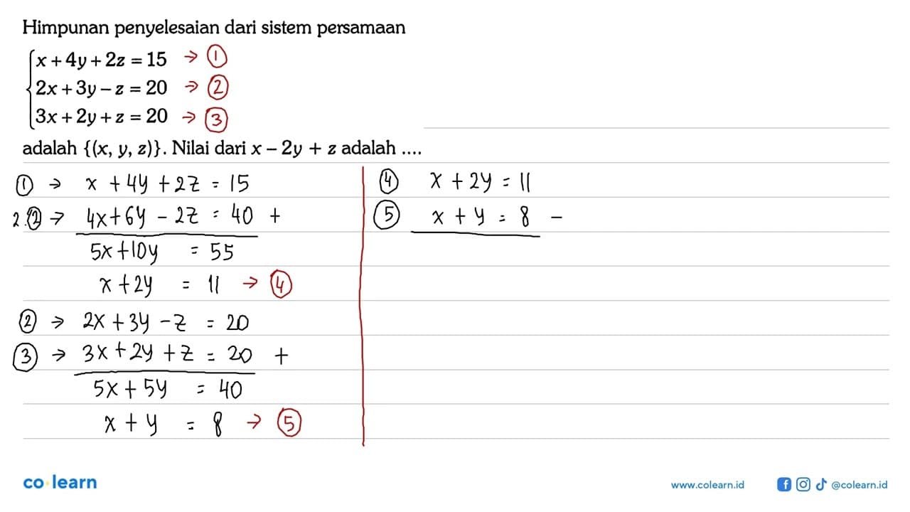 Himpunan penyelesaian dari sistem persamaan x+4y+2z=15