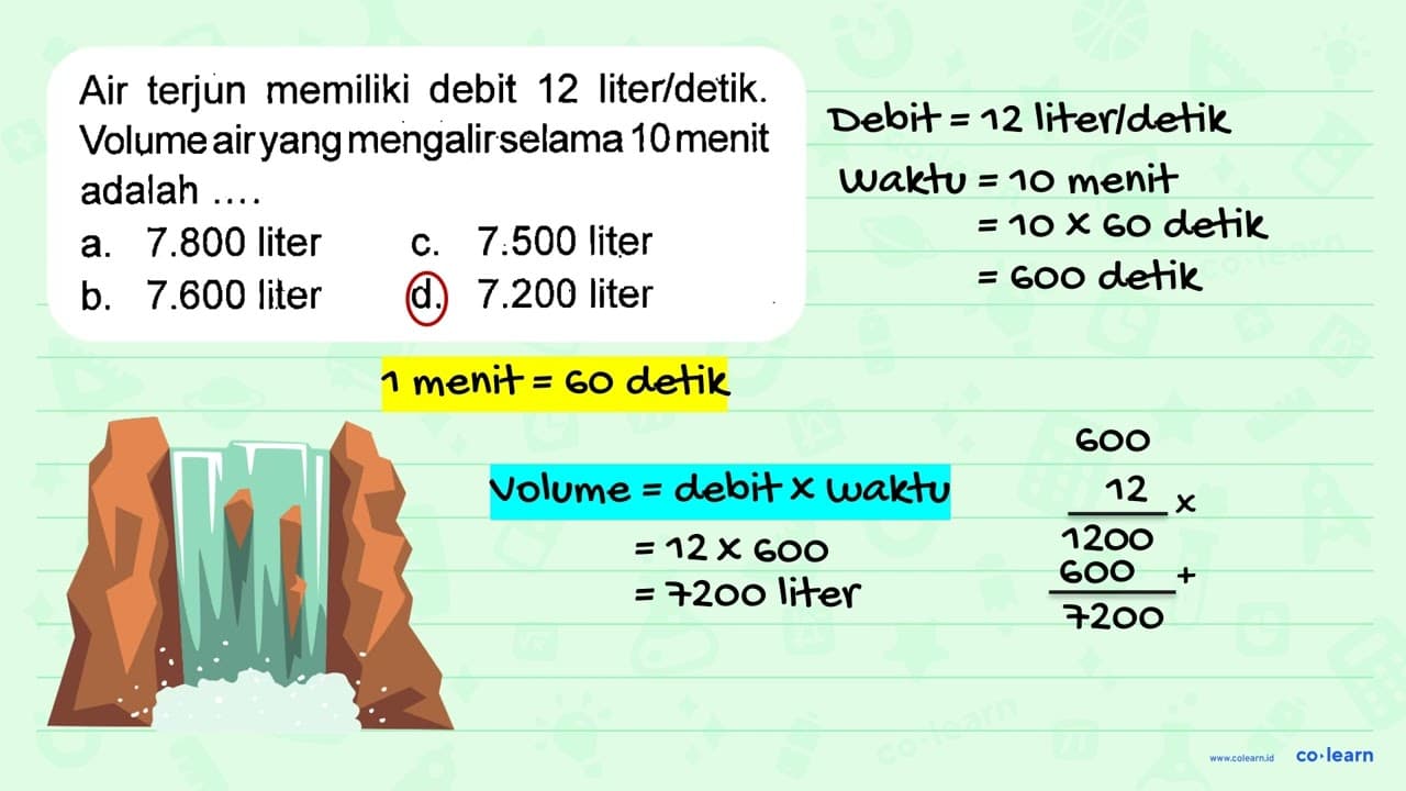 Air terjun memiliki debit 12 liter/detik. Volume air yang