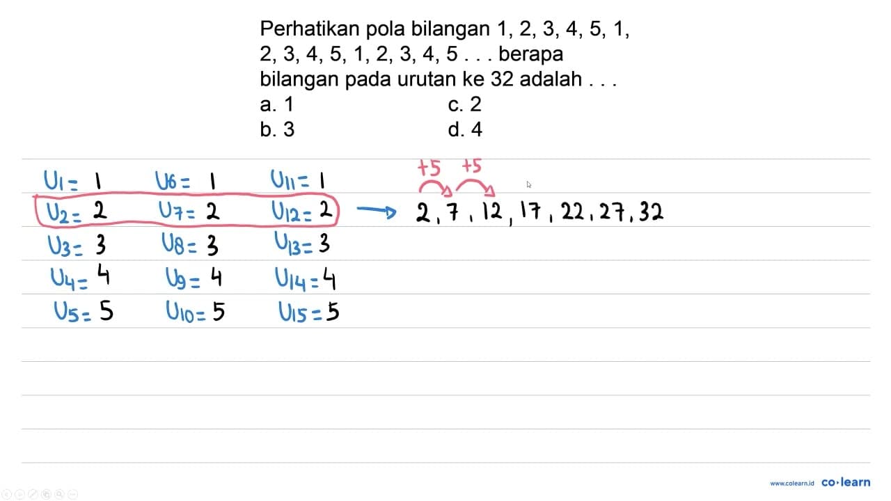 Perhatikan pola bilangan 1,2,3,4,5,1 , 2,3,4,5,1,2,3,4,5 .