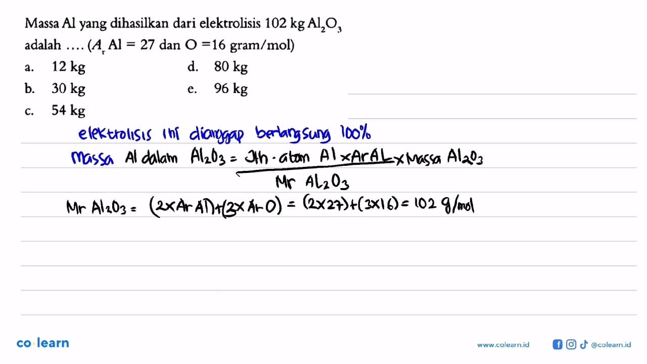 Massa Al yang dihasilkan dari elektrolisis 102 kg Al2O3