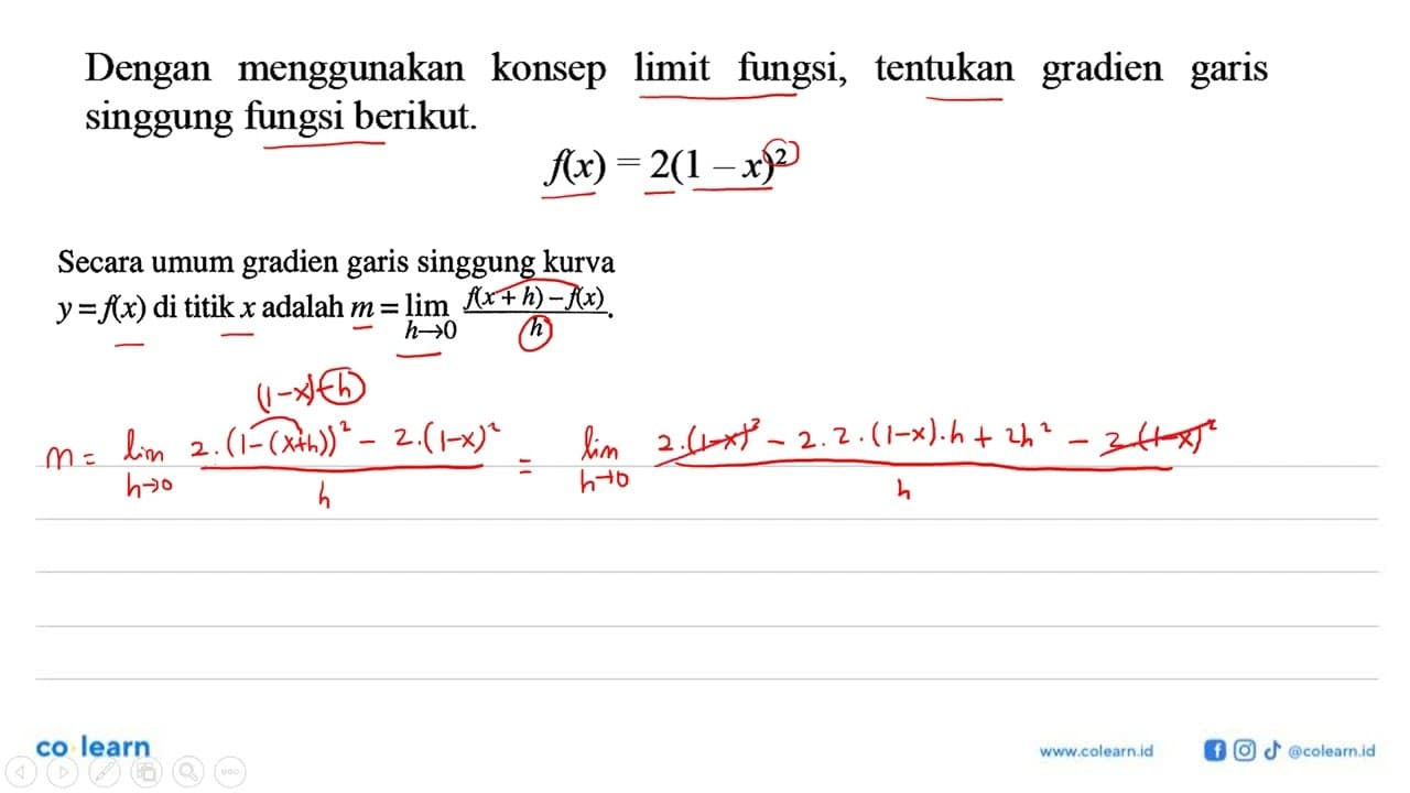 Dengan menggunakan konsep limit fungsi, tentukan gradien