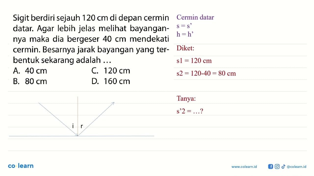 Sigit berdiri sejauh 120 cm di depan cermin datar. Agar