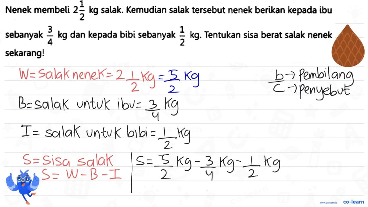 Nenek membeli 2 1/2 kg salak. Kemudian salak tersebut nenek