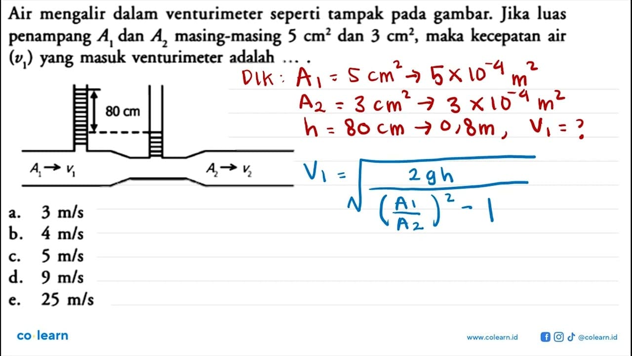 Air mengalir dalam venturimeter seperti tampak pada gambar.