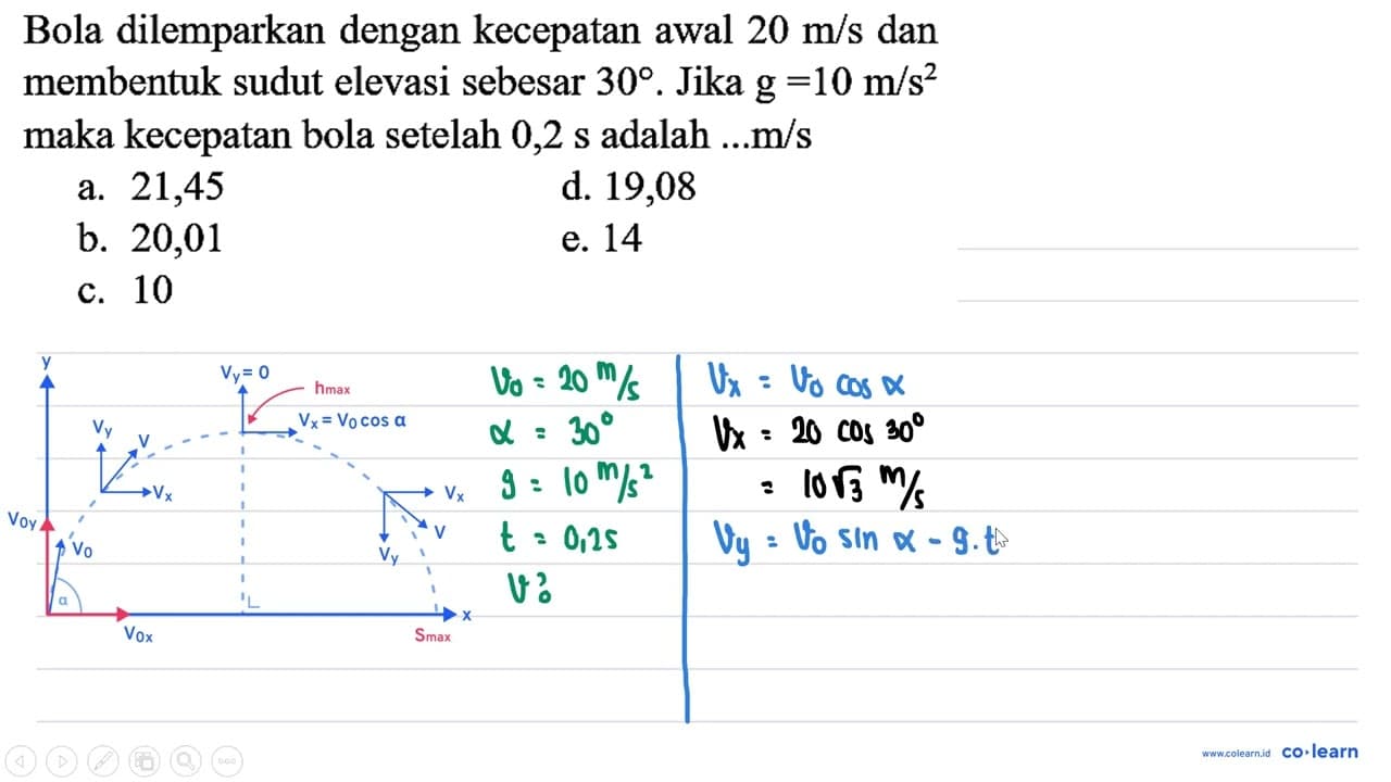 Bola dilemparkan dengan kecepatan awal 20 m / s dan