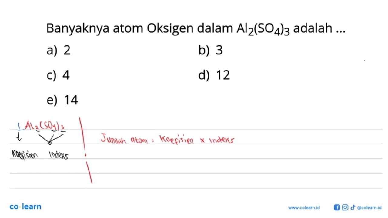 Banyaknya atom oksigen dalam Al2(SO4)3 adalah ....