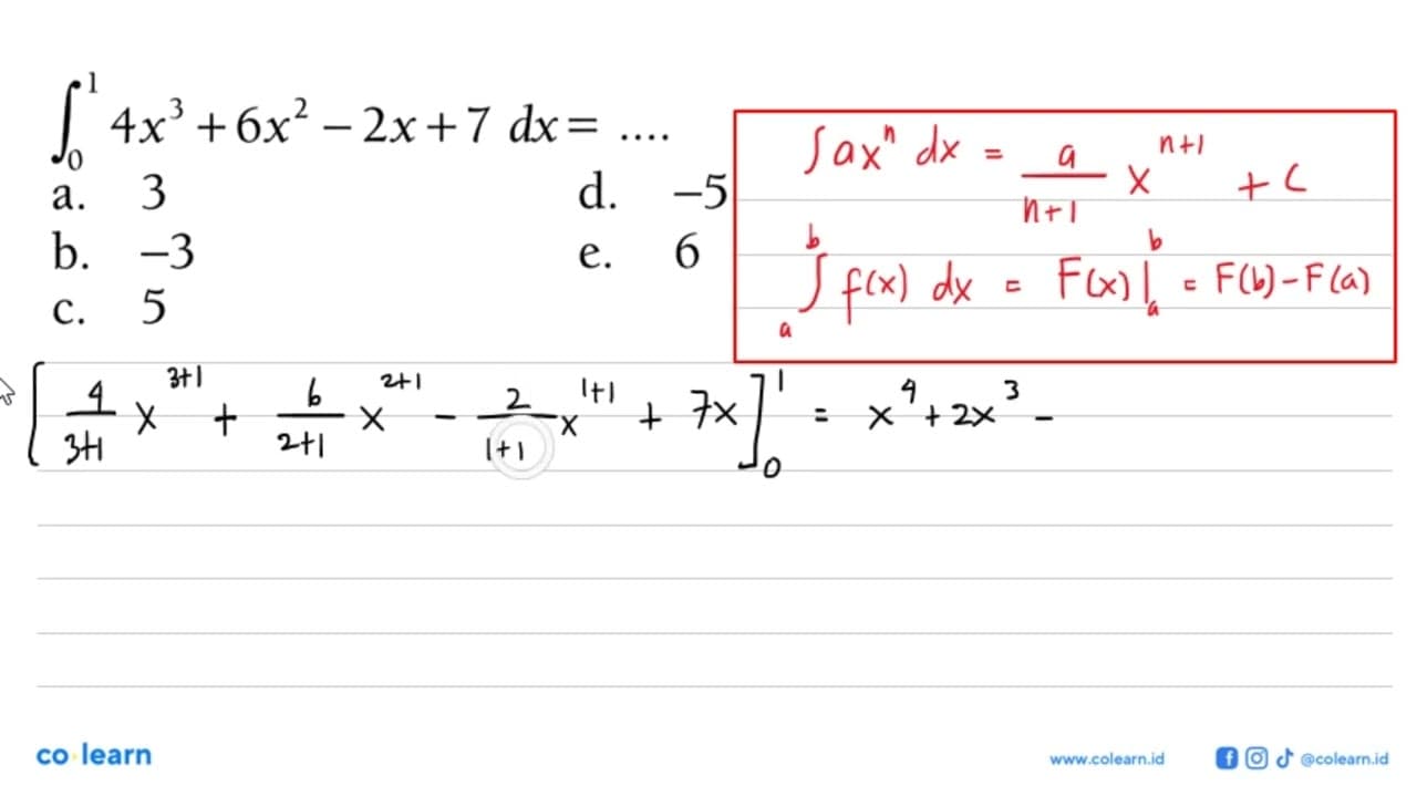 integral 0 1 4x^3+6x^2-2x+7 dx=....