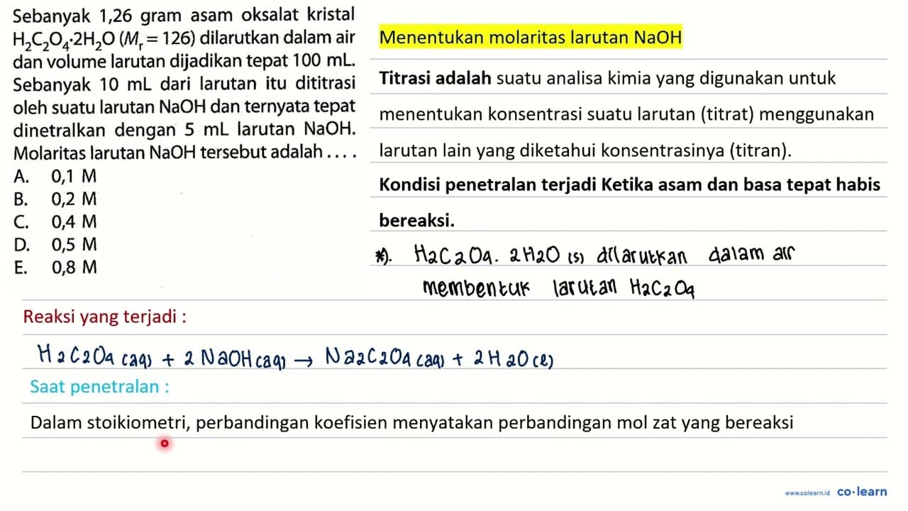 Sebanyak 1,26 gram asam oksalat kristal H2C2O4.2H2O