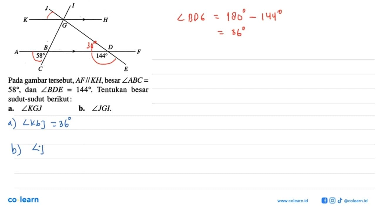 Pada gambar tersebut, AF//KH , besar sudut ABC= 58, dan