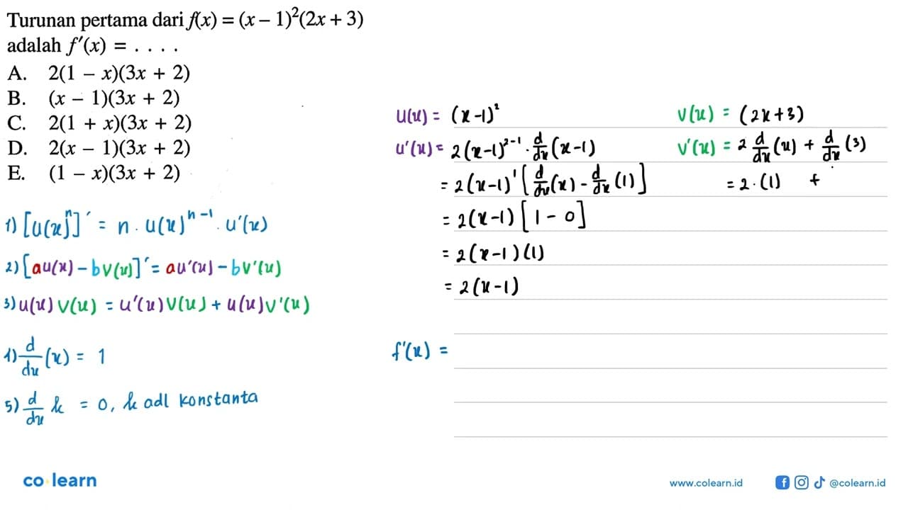 Turunan pertama dari f(x)=(x-1)^2 (2x+3) adalah f^(x)=....