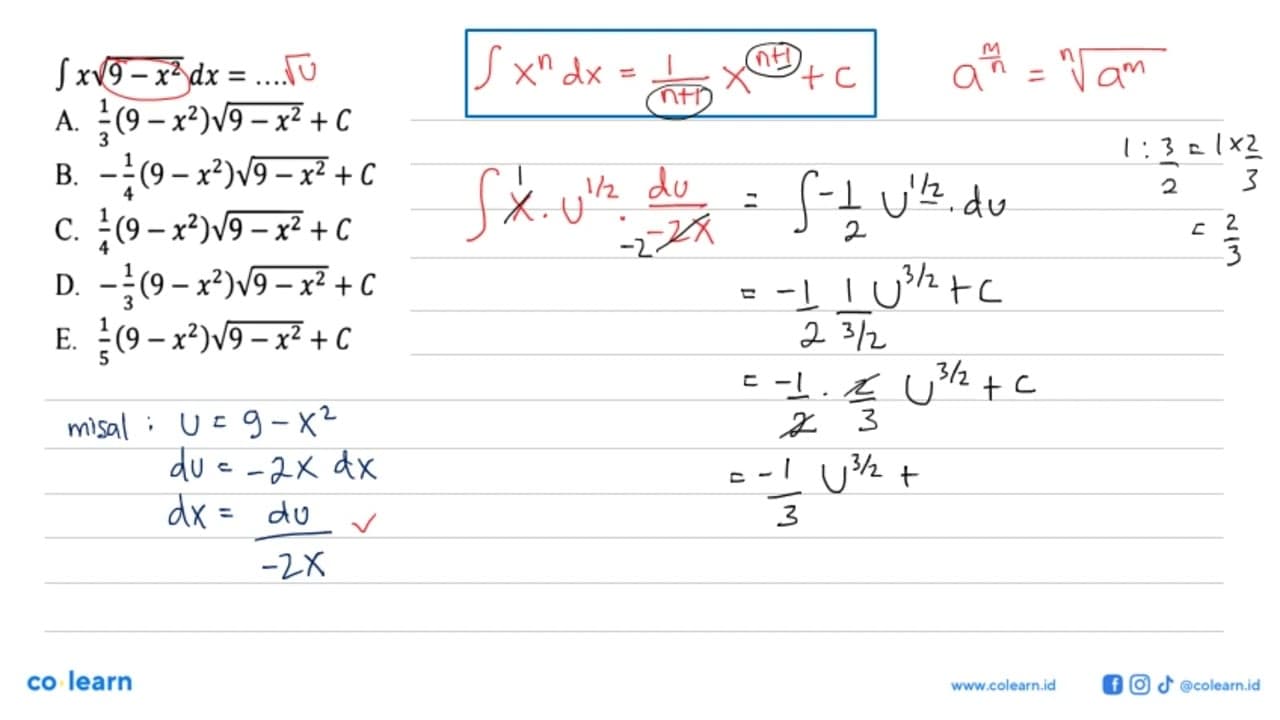 integral x akar(9-x^2) dx=...