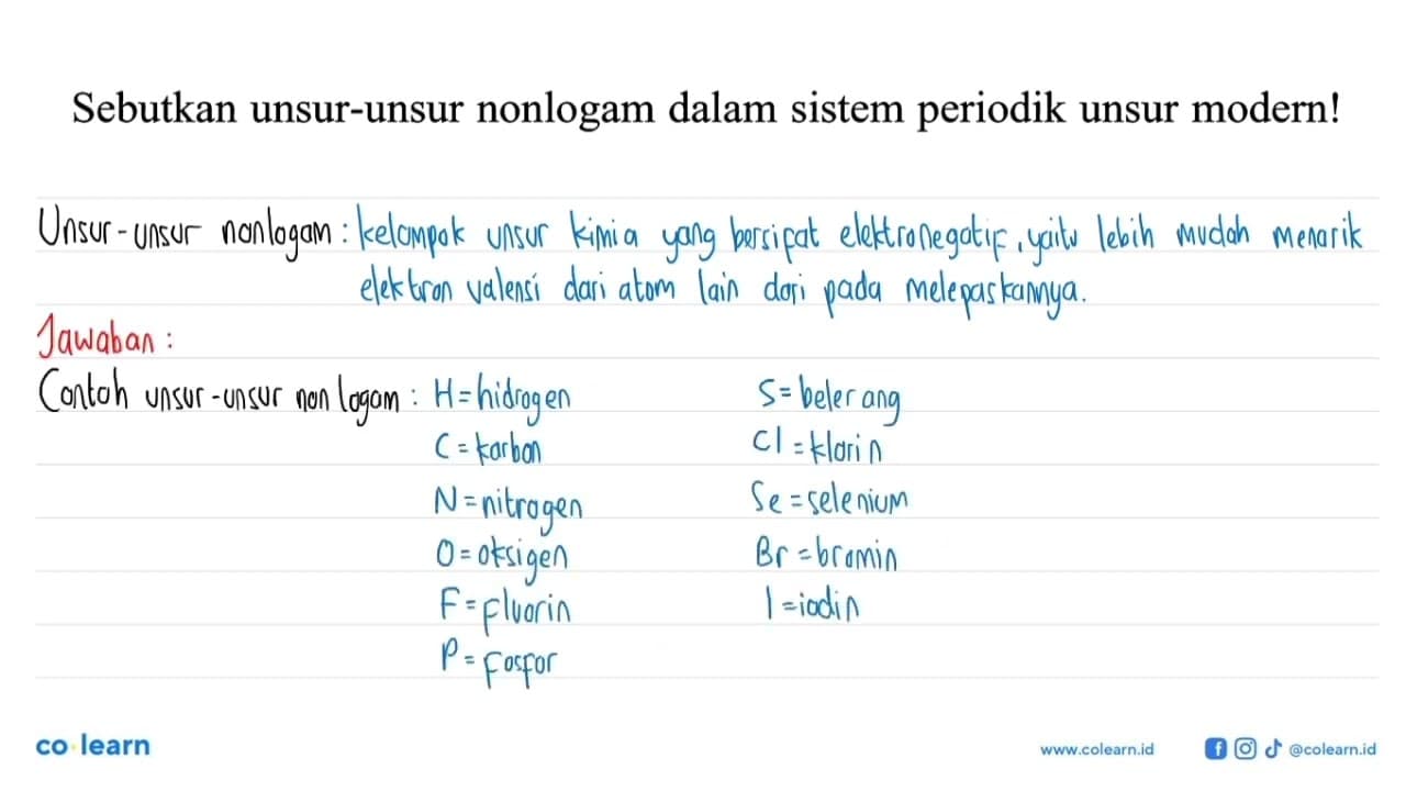 Sebutkan unsur-unsur nonlogam dalam sistem periodik unsur