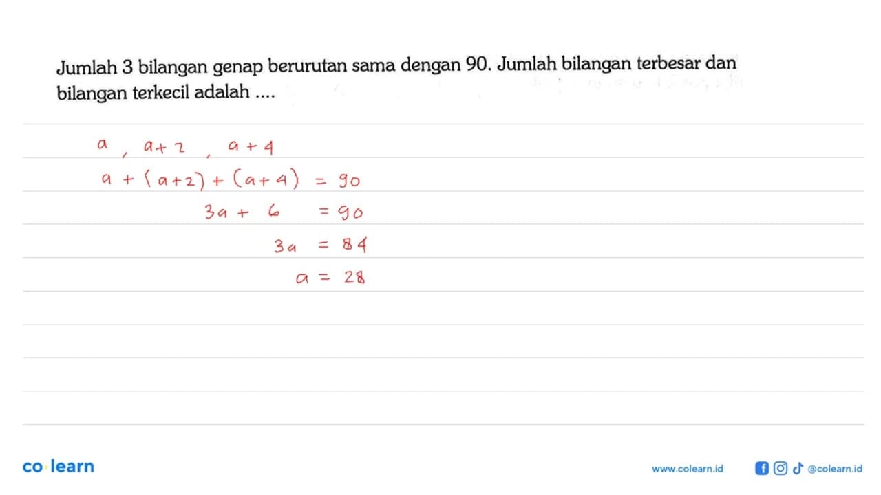 Jumlah 3 bilangan genap berurutan sama dengan 90. Jumlah