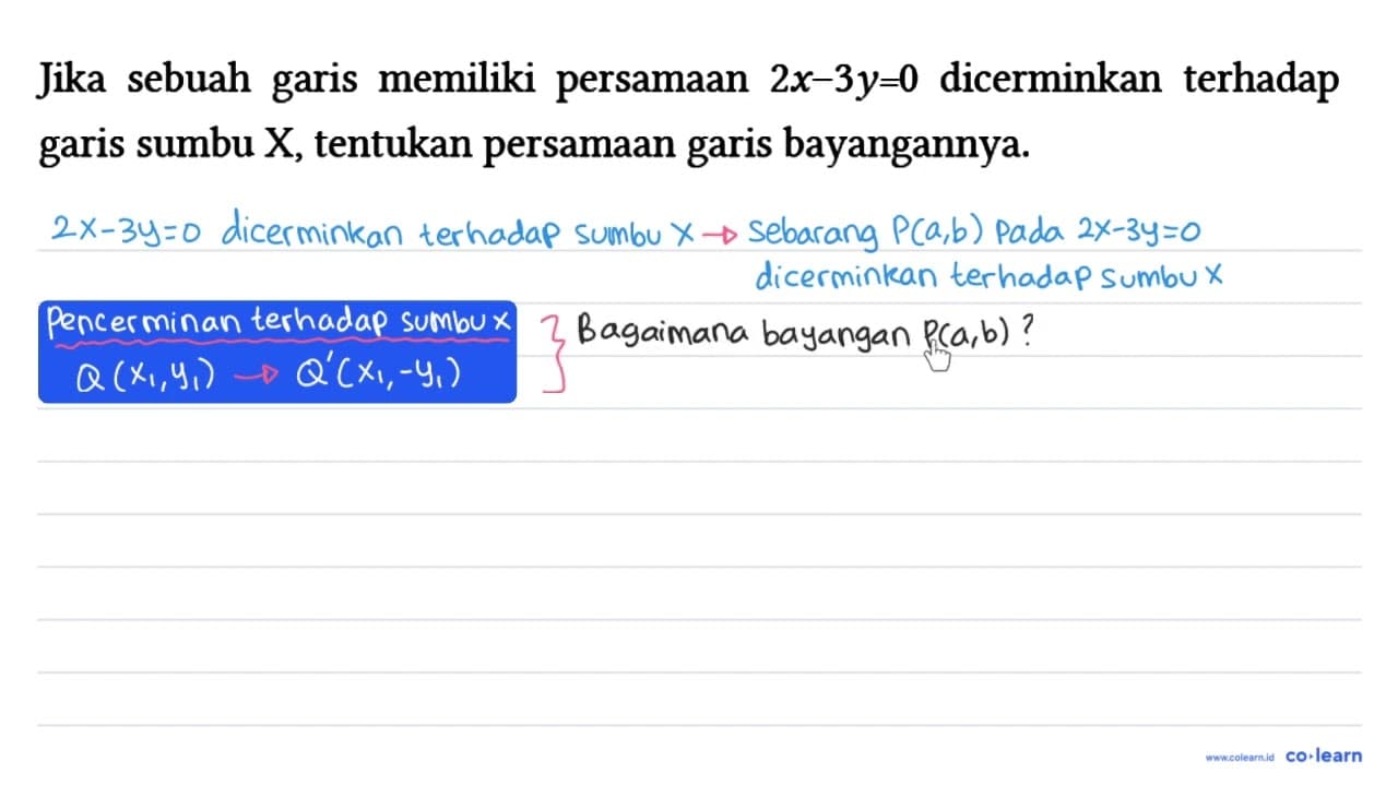 Jika sebuah garis memiliki persamaan 2x - 3y=0 dicerminkan