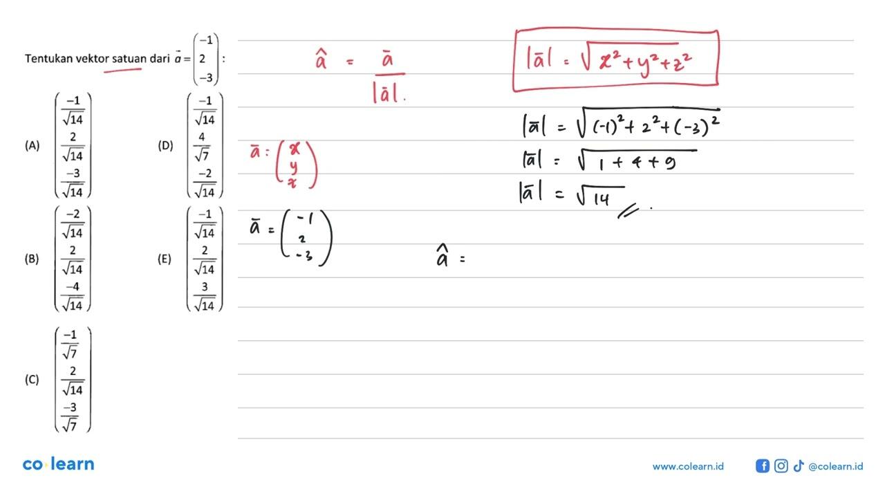 Tentukan vektor satuan dari a=(-1 2 -3):