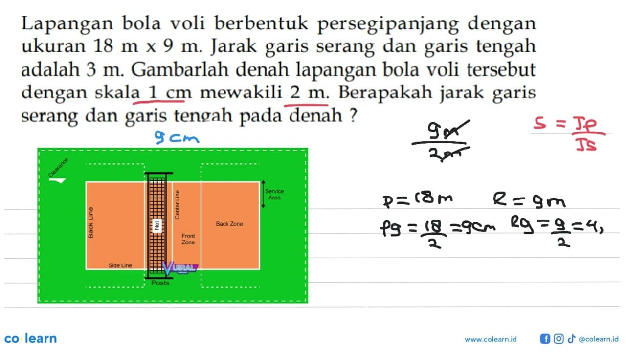 Lapangan bola voli berbentuk persegipanjang dengan ukuran