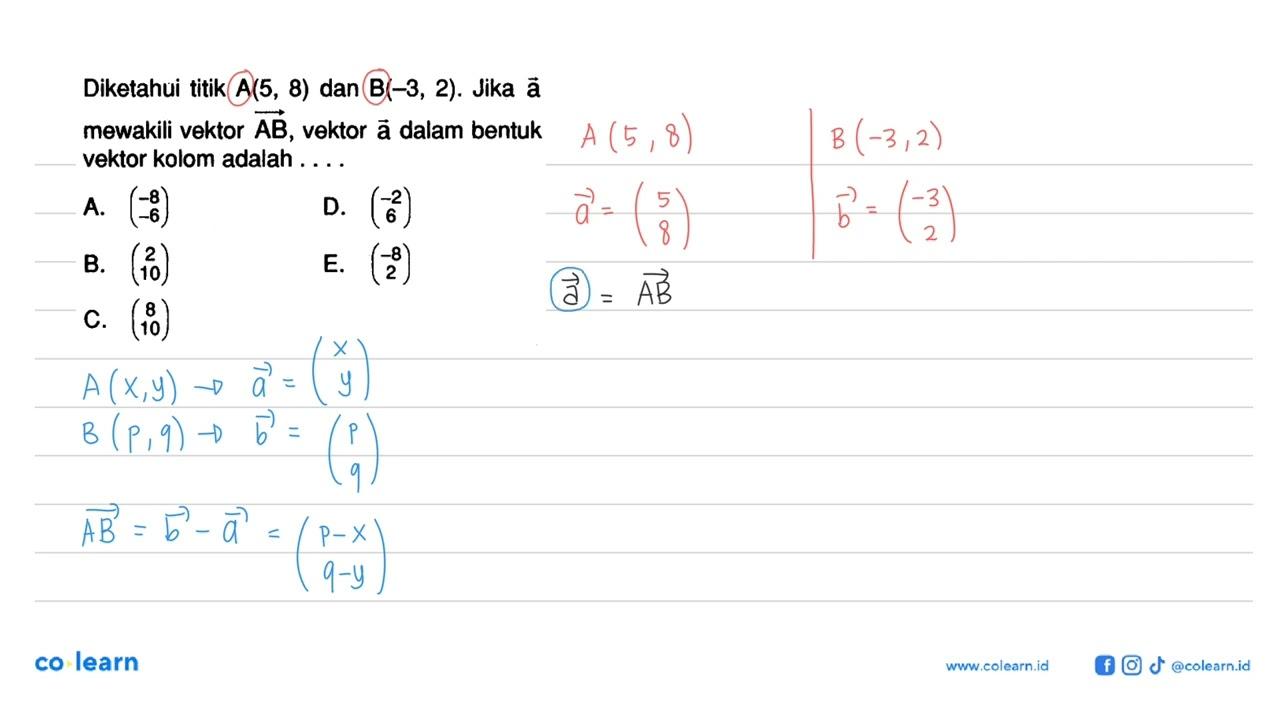 Diketahui titik A(5,8) dan B(-3,2). Jika vektor a mewakili