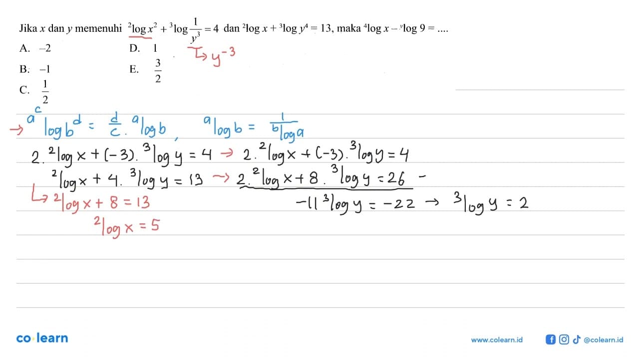 Jika x dan y memenuhi 2logx^2+3log1/y^3=4 dan