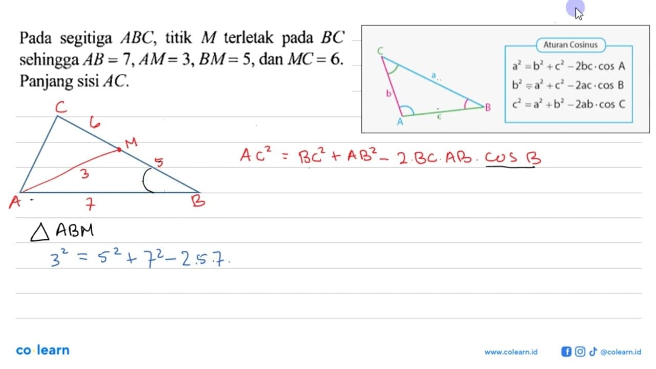 Pada segitiga ABC, titik M terletak pada BC sehingga AB=7,