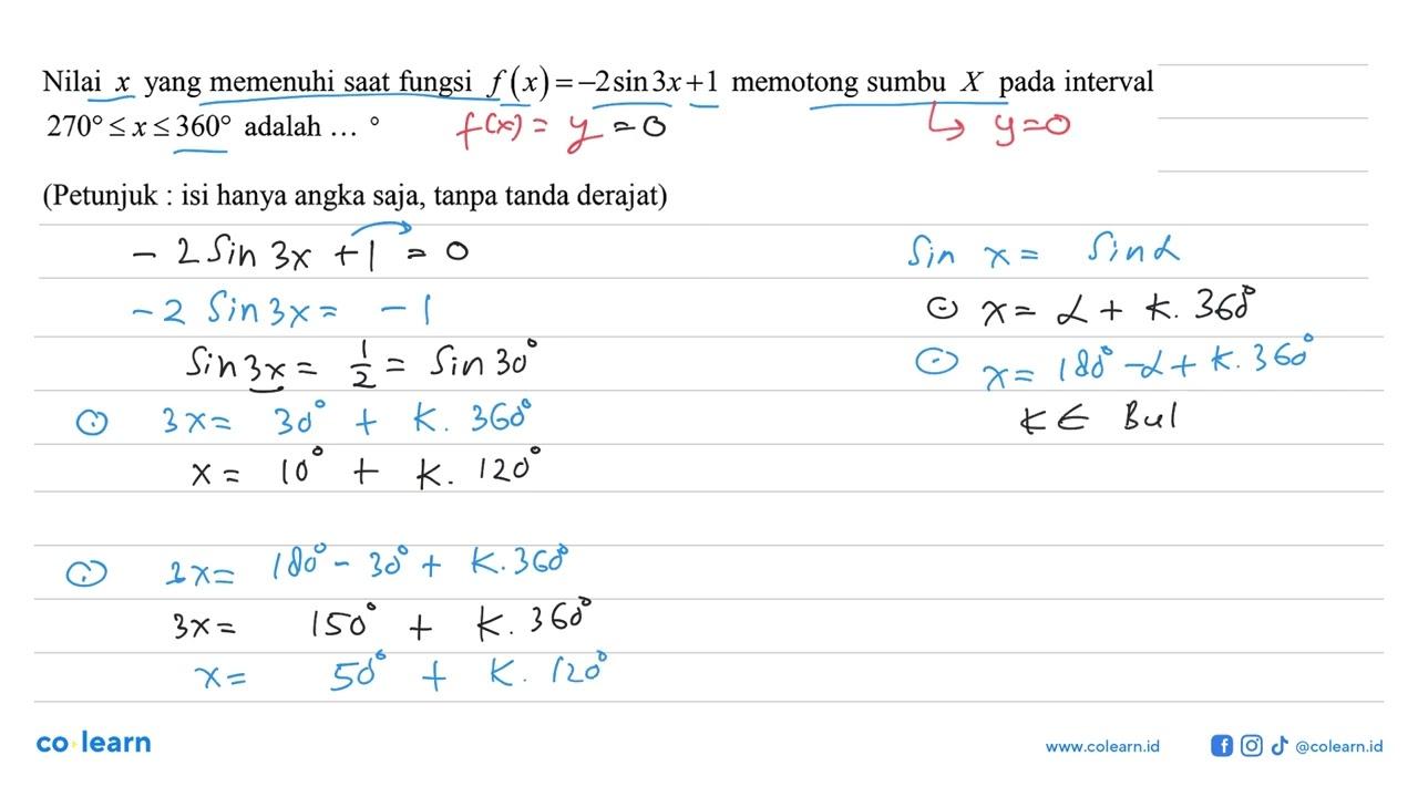 Nilai x yang memenuhi saat fungsi f(x)=-2sin3x+1 memotong