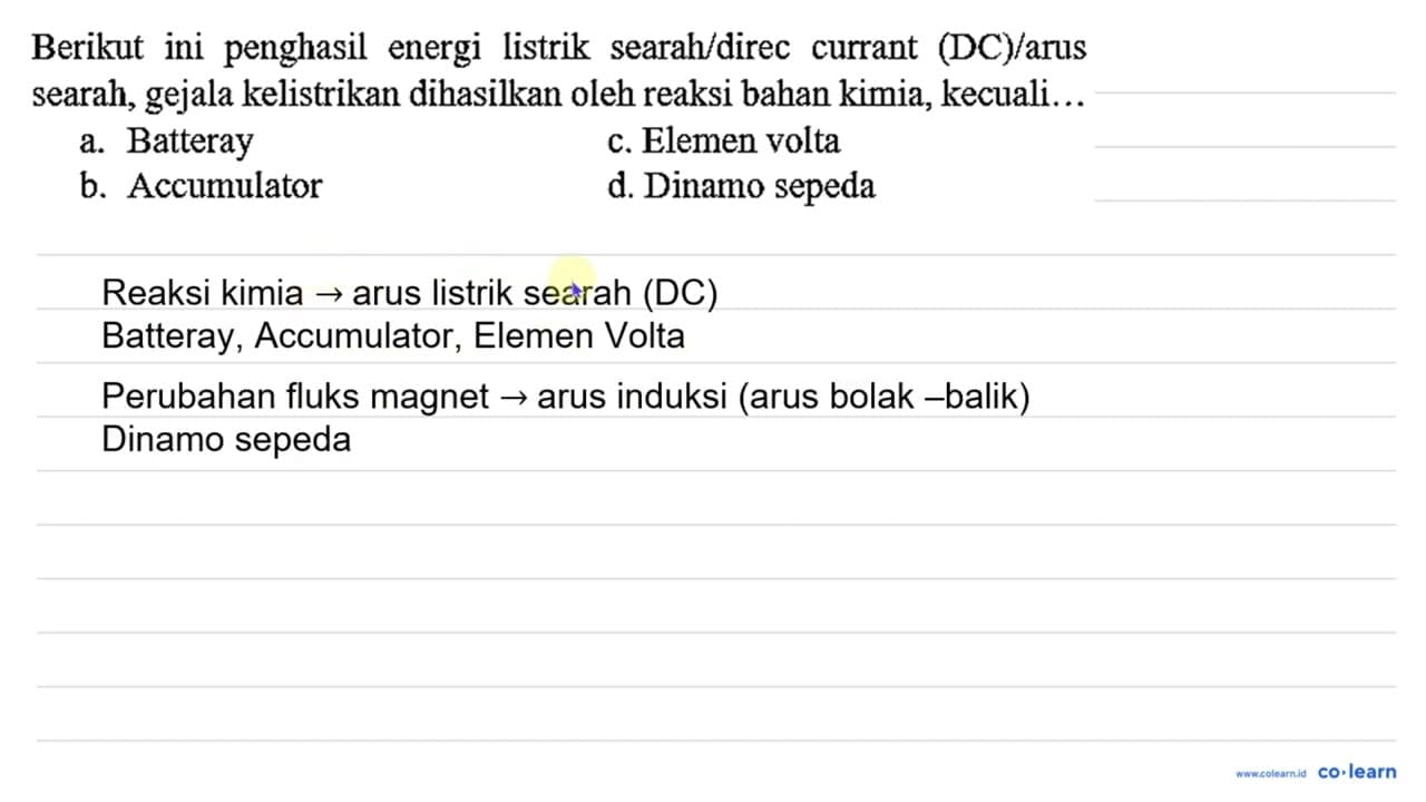 Berikut ini penghasil energi listrik searah/direc currant