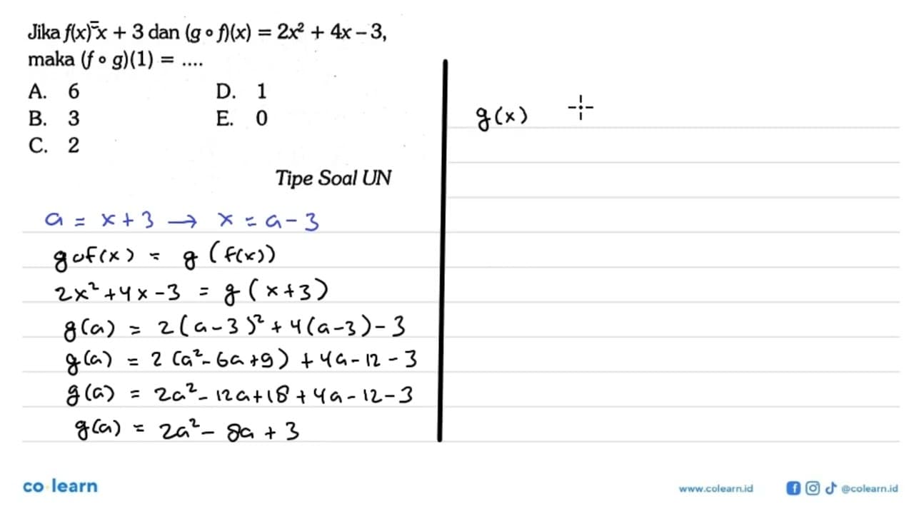 Jika f(x)=x+3 dan (gof)(x)=2x^2+4x-3 maka (fog)(1)=...