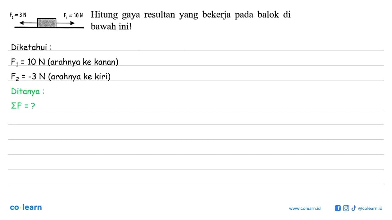 F2 = 3 N F1 = 10 N Hitung gaya resultan yang bekerja pada