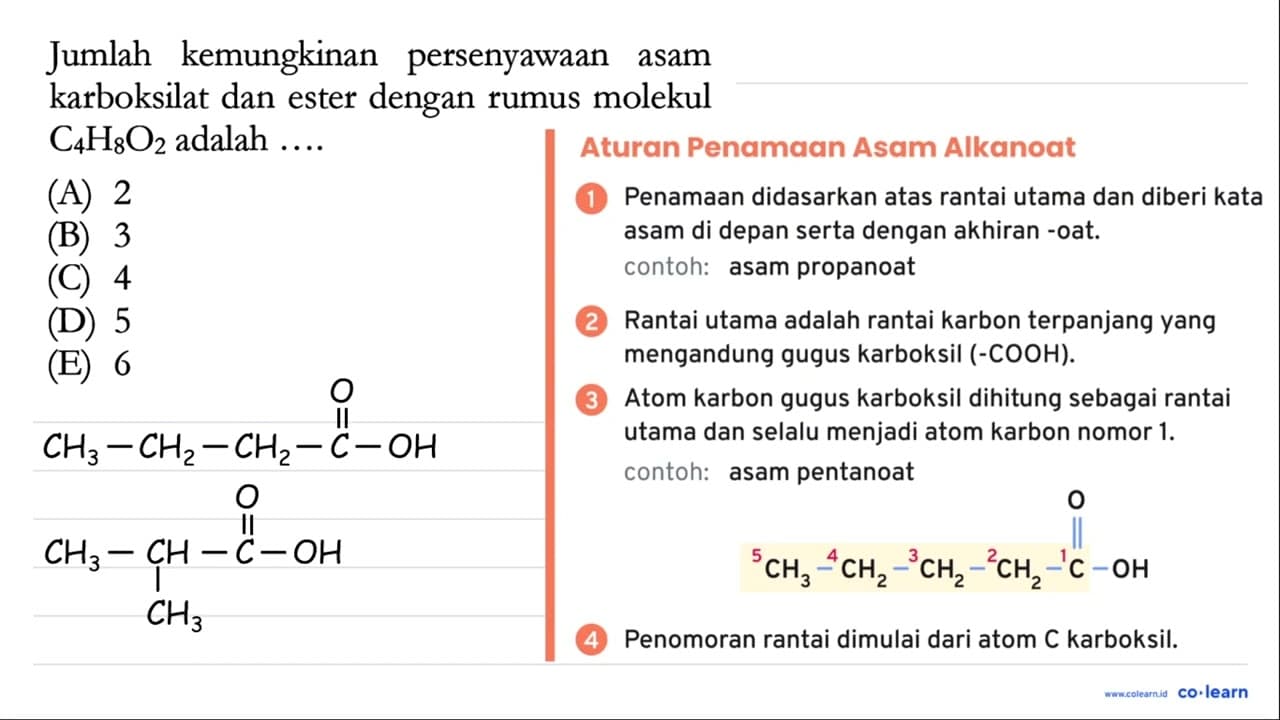 Jumlah kemungkinan persenyawaan asam karboksilat dan ester