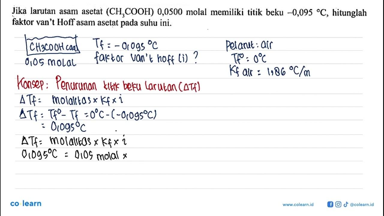 Jika larutan asam asetat (CH3COOH) 0,0500 molal memiliki