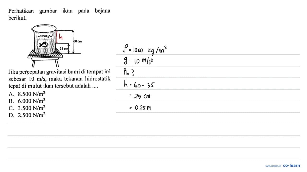 Perhatikan gambar ikan pada bejana berikut.rho 1000 kg/m^3